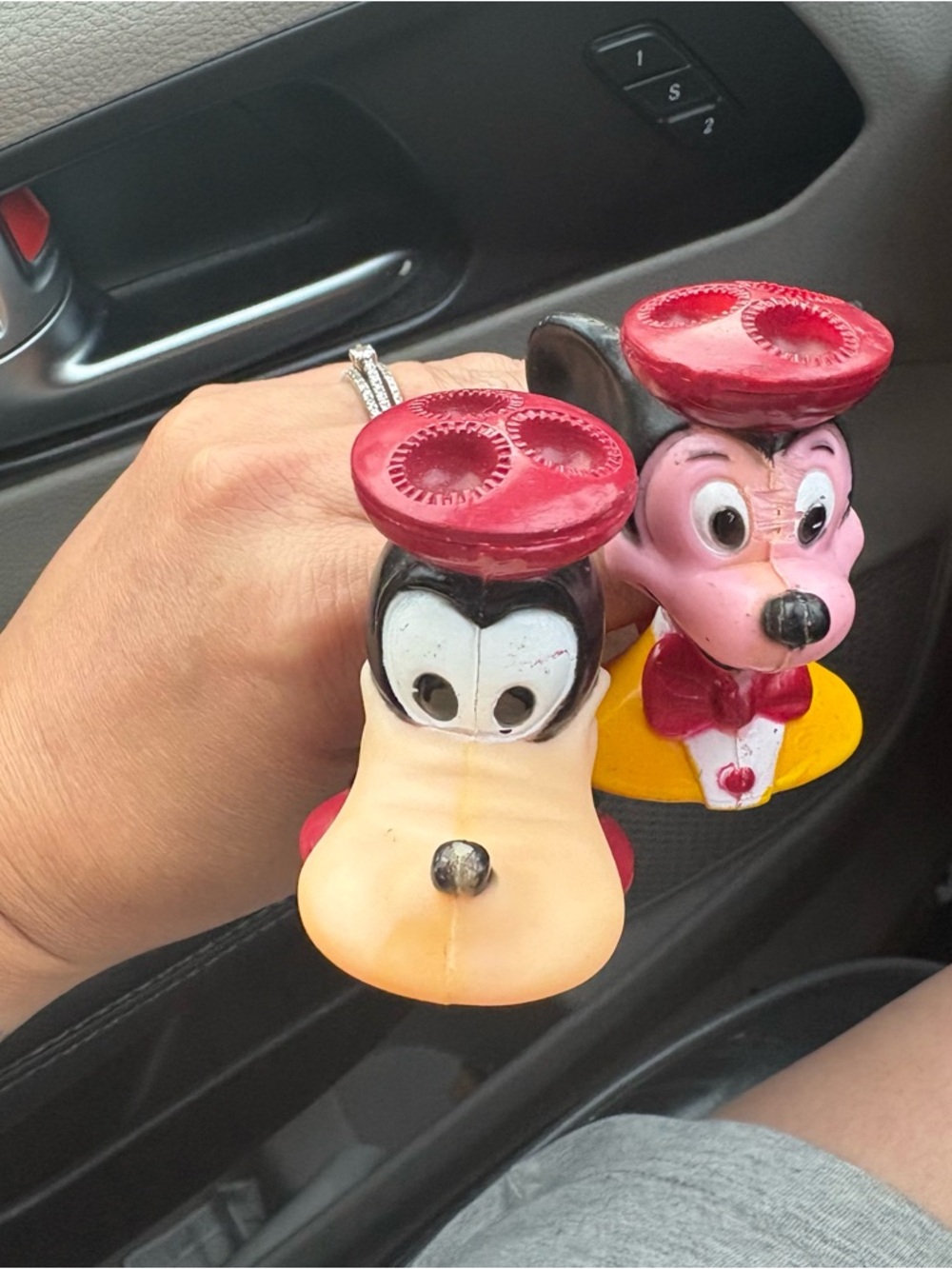 Vintage Cartoon Character Salt & Pepper Shakers — Red, Pink, Yellow
